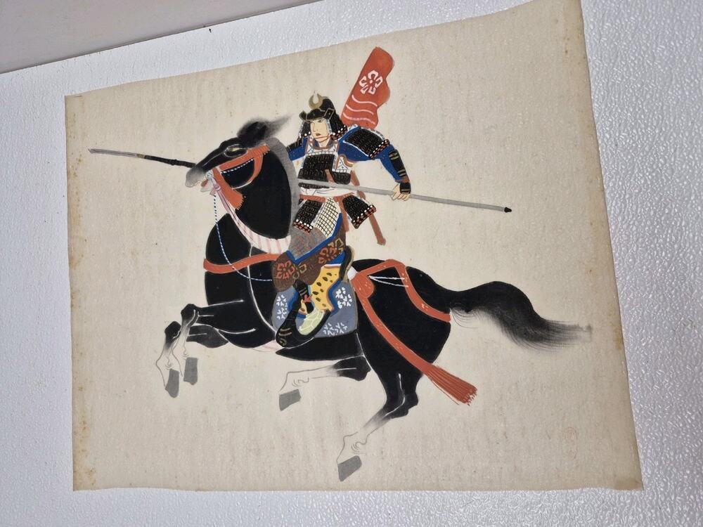 Vintage Japanese Samurai Warrior Painting on Silk Black Horse Art